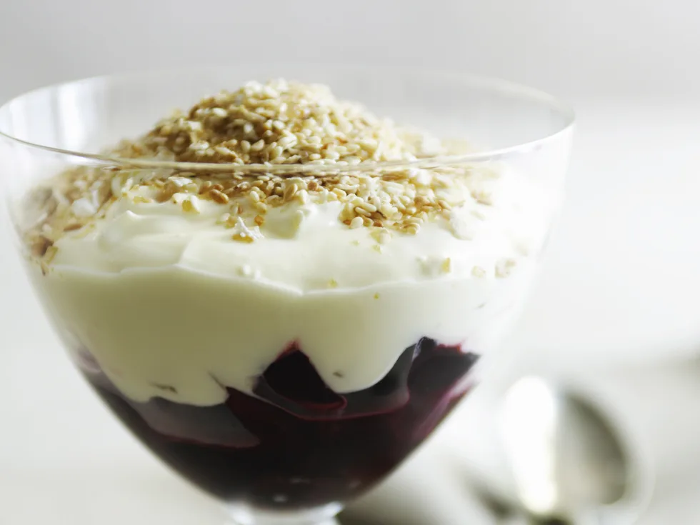 Cherry Parfait with Crunchy Sesame Topping