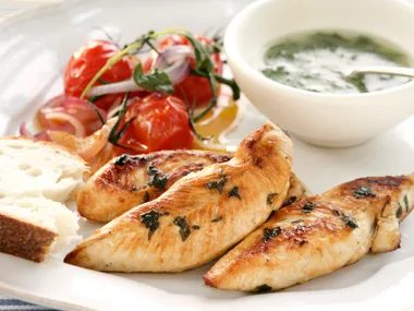 Chicken with Green Sauce and Roasted Tomatoes
