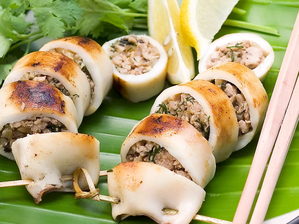 Squid Stuffed with Pork, Mushrooms and Dill