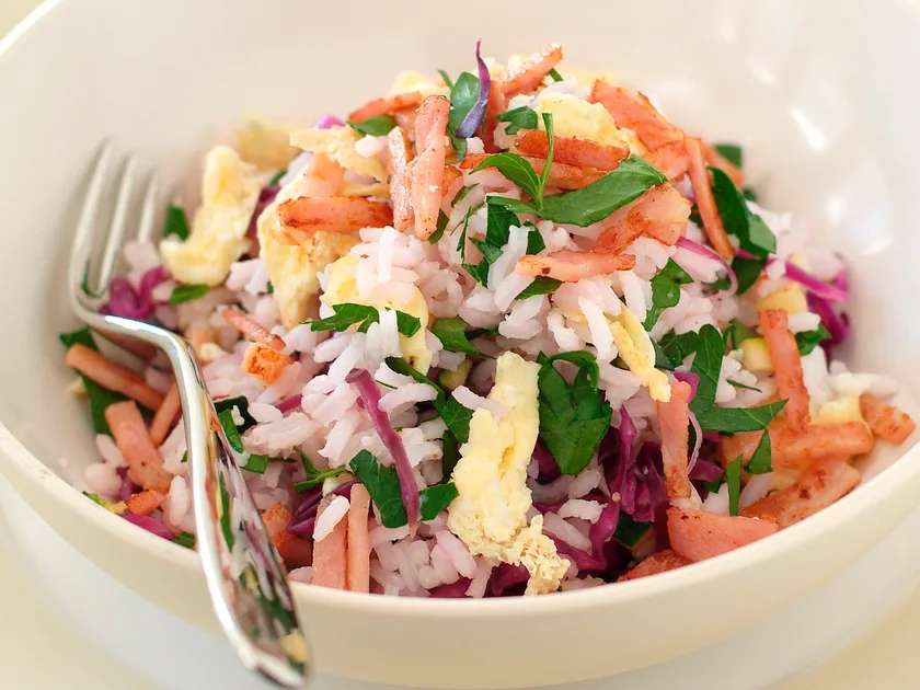 Bacon and egg fried rice with mixed herbed dressing recipe