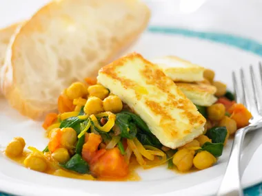 Spicy Chickpeas and Spinach with Haloumi