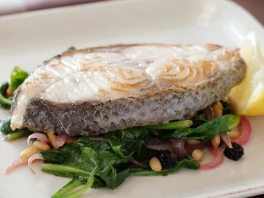 Blue-Eye Cutlets and Spinach with Pine Nuts and Currants