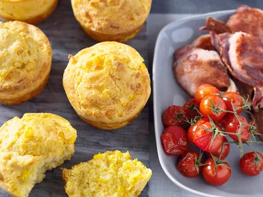 Corn Cakes With Roast Tomatoes and Bacon