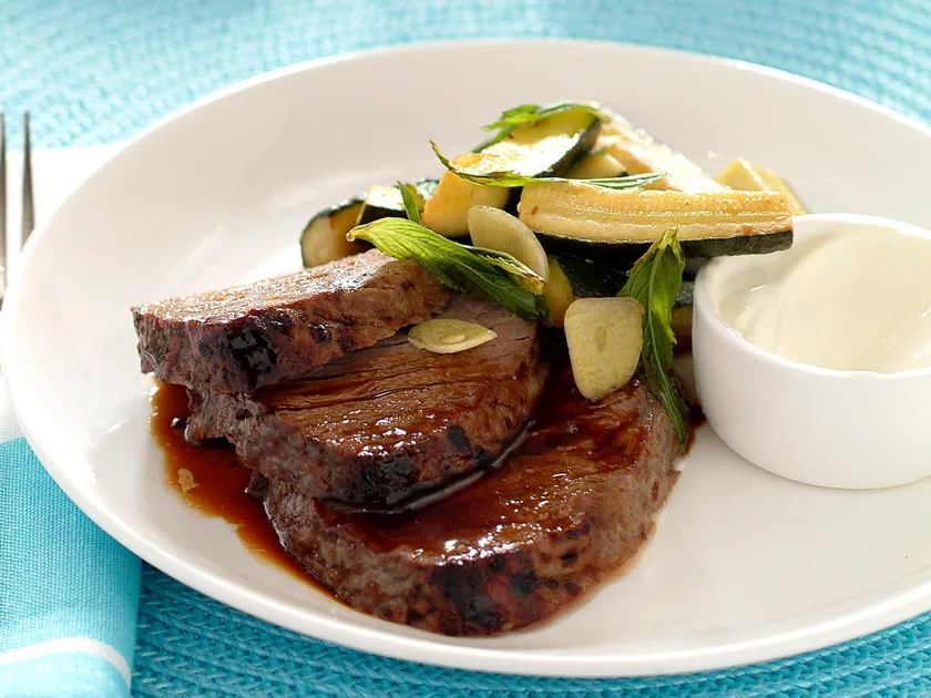 Roast beef with marinated zucchini and mint