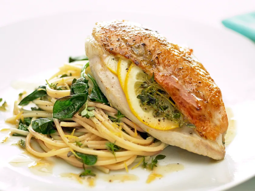 Lemon chicken with spaghetti