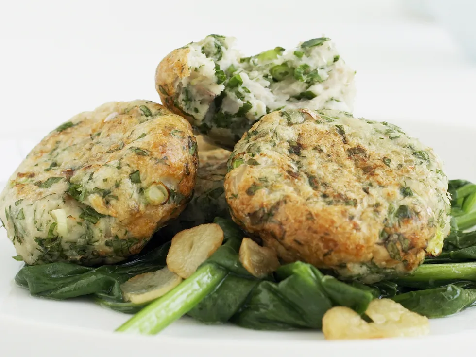 Fish Cakes with Garlic Spinach