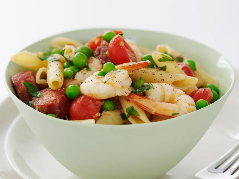 Spicy prawn, pea and chorizo with pasta