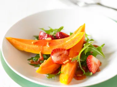 Papaya Salad with Strawberries and Pine Nuts