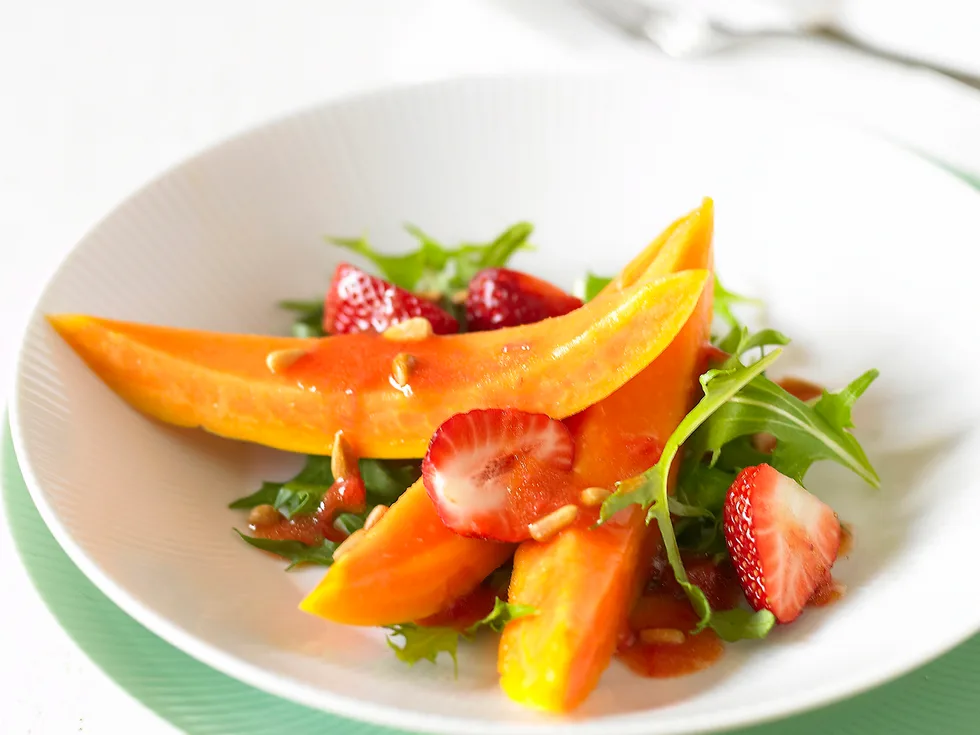 Papaya Salad with Strawberries and Pine Nuts