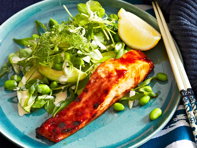 Teriyaki salmon with edamame salad