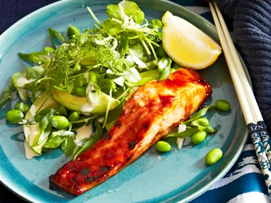 Teriyaki salmon with edamame salad