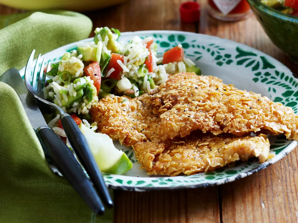 Tex-turkey schnitzels with rice salad