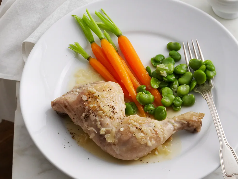 Garlic chicken with broad beans and carrots