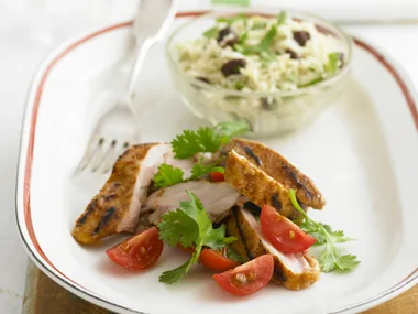 Grilled Paprika Chicken with Raisin and Coriander Pilaf