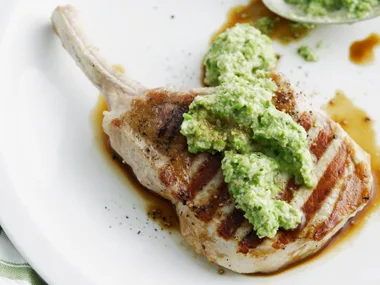 Grilled Pork Cutlets with Pea Chutney