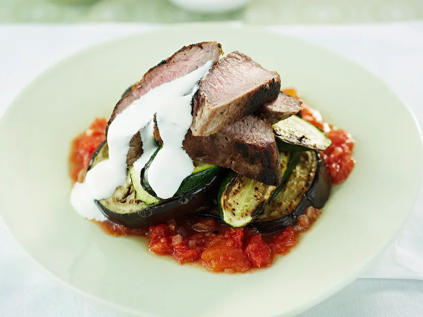 Lamb, eggplant and zucchini stack