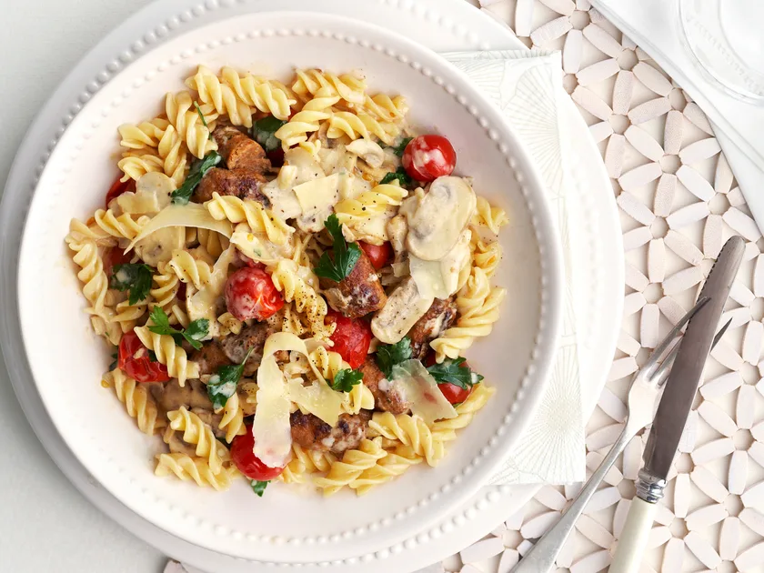Mushroom and sausage pasta with cherry tomatoes recipe