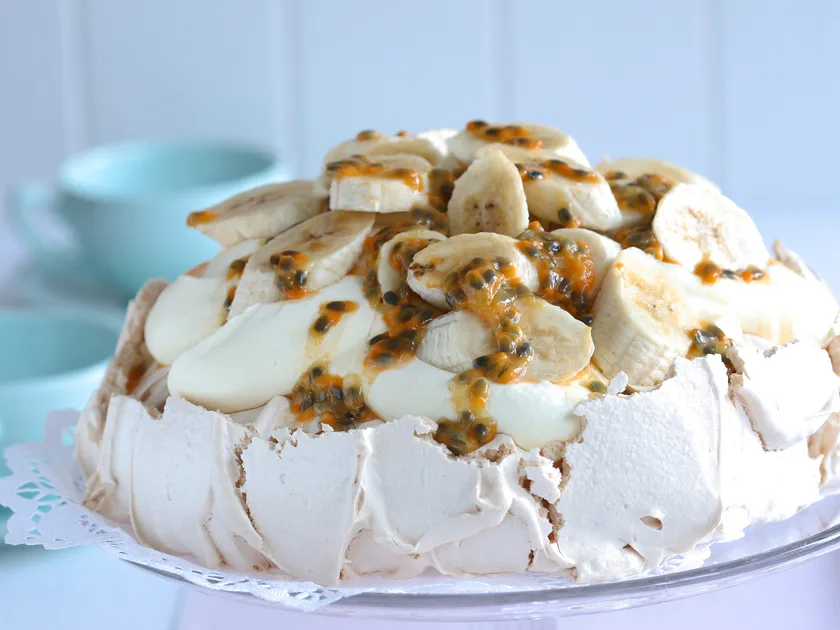 Passionfruit and banana pavlova