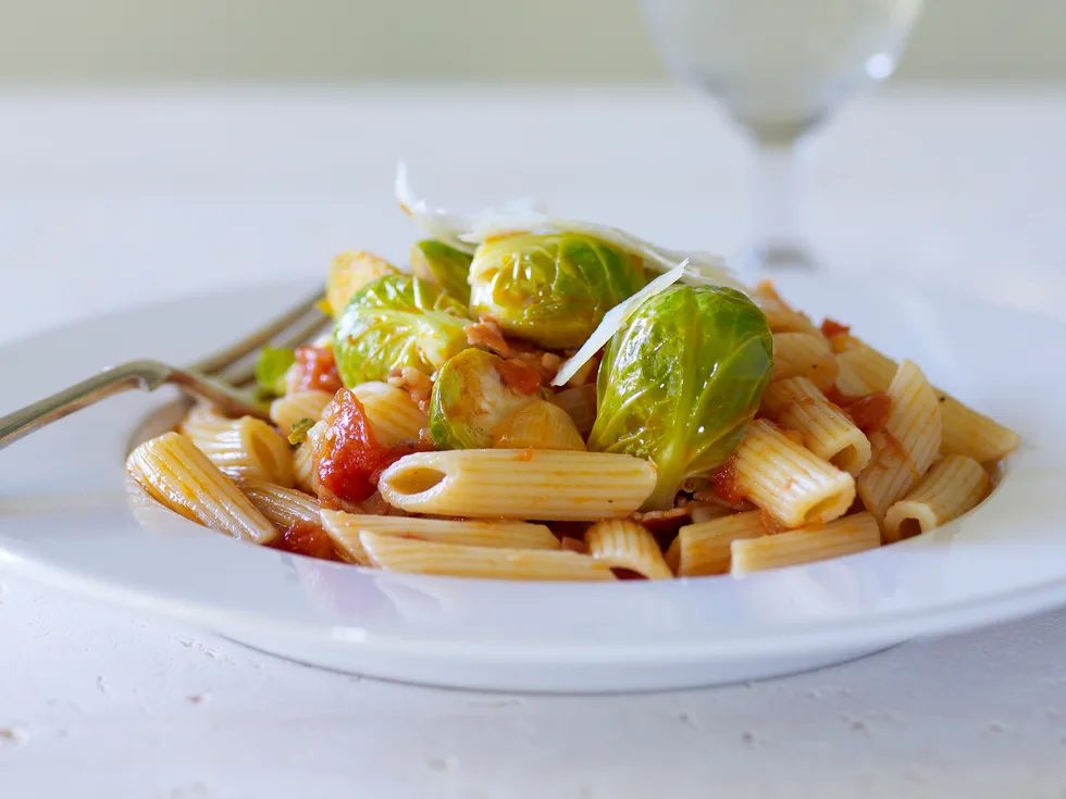 Penne with brussels sprout and tomato ragu