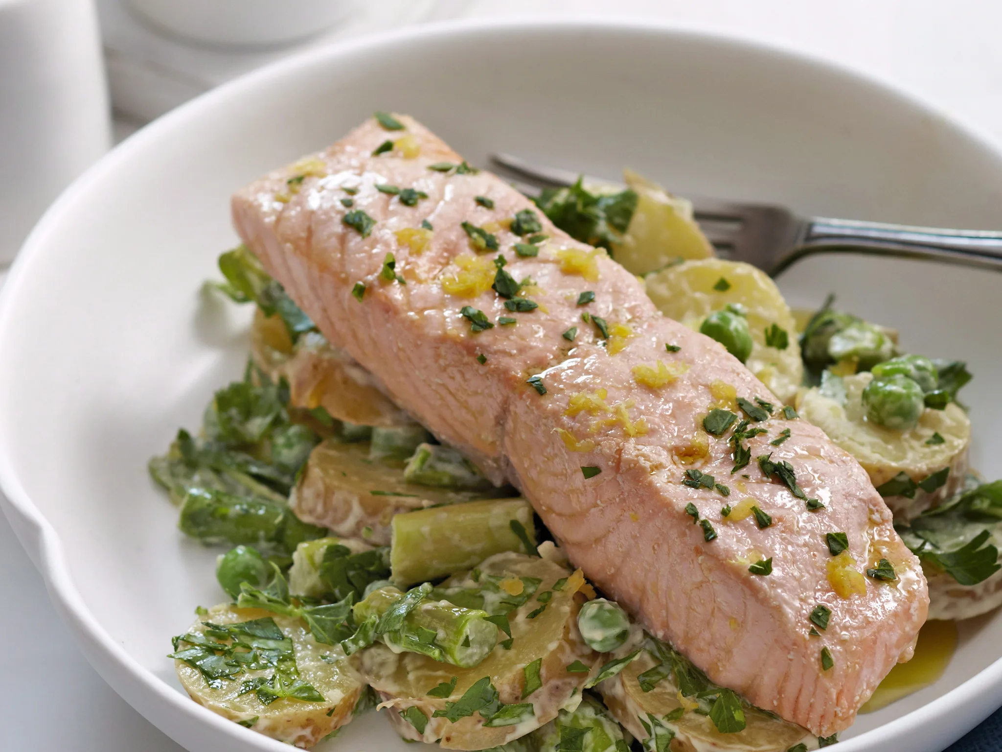 Poached salmon with kipfler potato salad