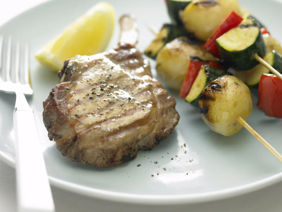 Pork Cutlets with Glazed Vegetable Kebabs