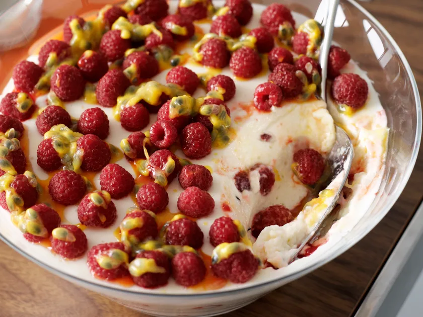 Raspberry and passionfruit mousse