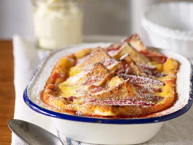 Rhubarb bread and butter pudding