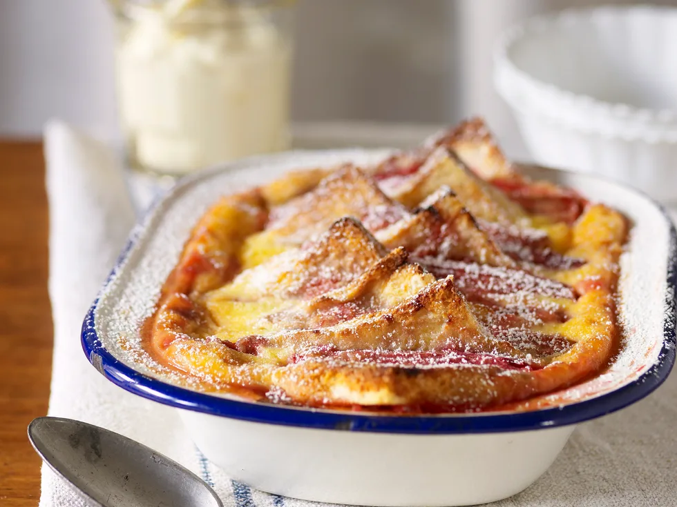 Rhubarb bread and butter pudding