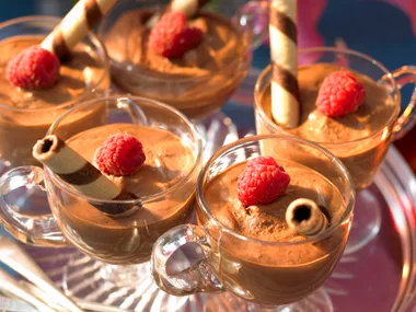 Rich chocolate mousse with raspberries