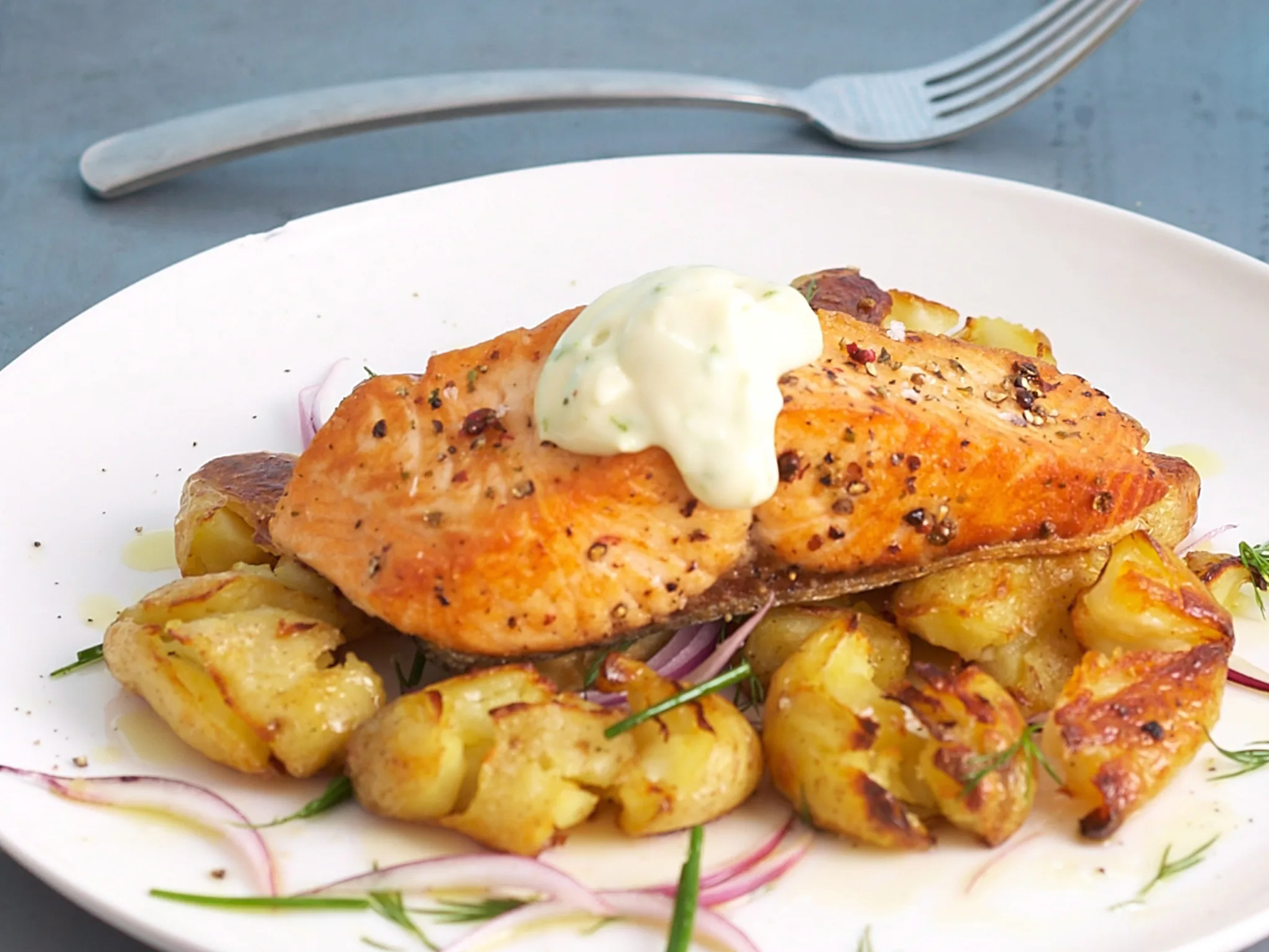 Salt and pepper salmon with lime mayonnaise