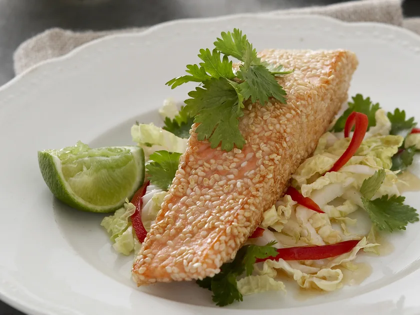 Paleo sesame crusted salmon with asian coleslaw