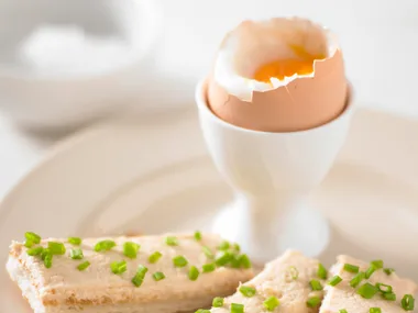 Soft-boiled eggs with smoked trout toast