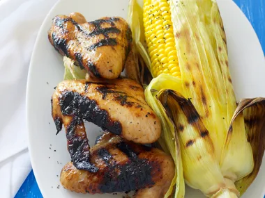 Sticky Chicken Wings With Barbecued Corn Cobs