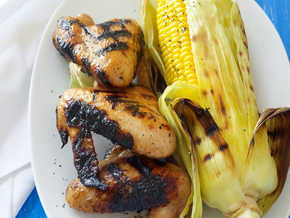 Sticky Chicken Wings With Barbecued Corn Cobs