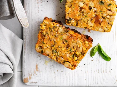 Kumara and chickpea loaf with mint raita