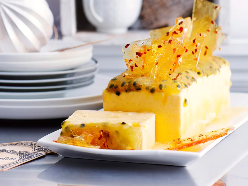 Mango and passionfruit parfait with chilli glass