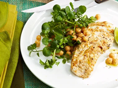 Yoghurt marinated fish with chickpea and herb salad