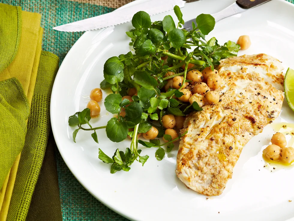 Yoghurt marinated fish with chickpea and herb salad