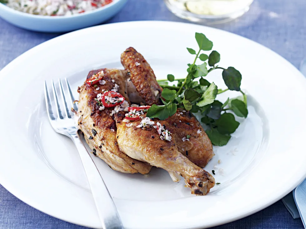 Barbecued Spatchcocks with Garlic Chilli and Herb Salt