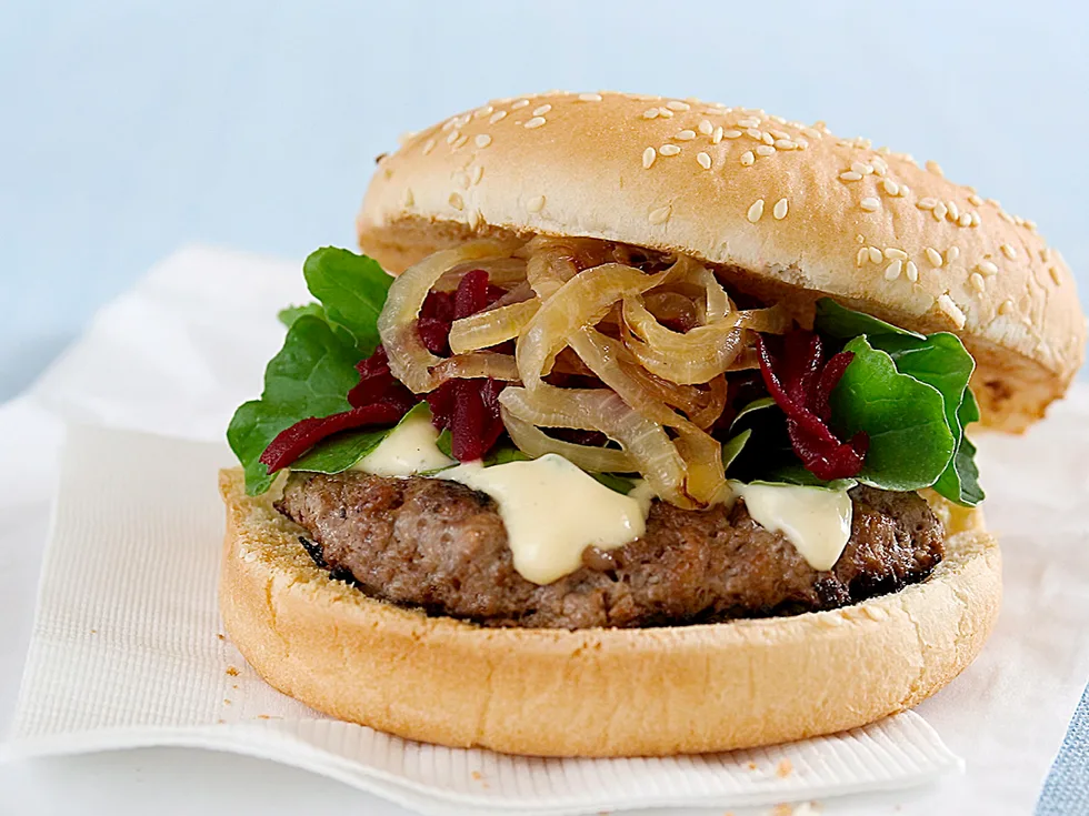 Burger with Garlic Mayonnaise and Soft Onions