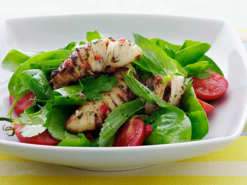 Char-grilled chilli squid salad