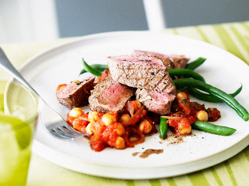 Char-grilled lamb with tomato chickpeas