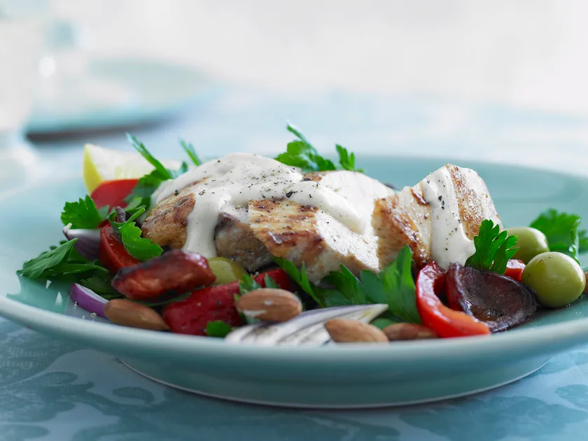 Chicken and chorizo salad with garlic mayo recipe