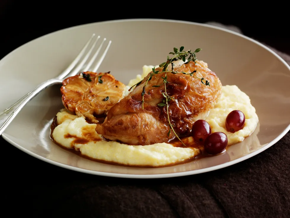 Chicken with Brandy and Grapes on Soft Polenta