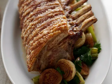 Crackling pork with apple and cider sauce
