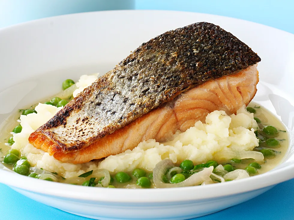 Crispy Skin Salmon on Braised Peas and Mash