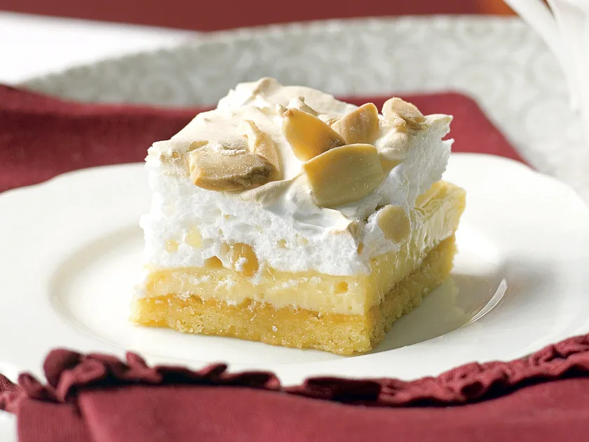 Lemon and almond meringue slice