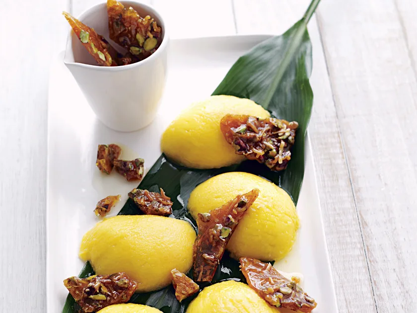 Mango with pistachio and coconut praline