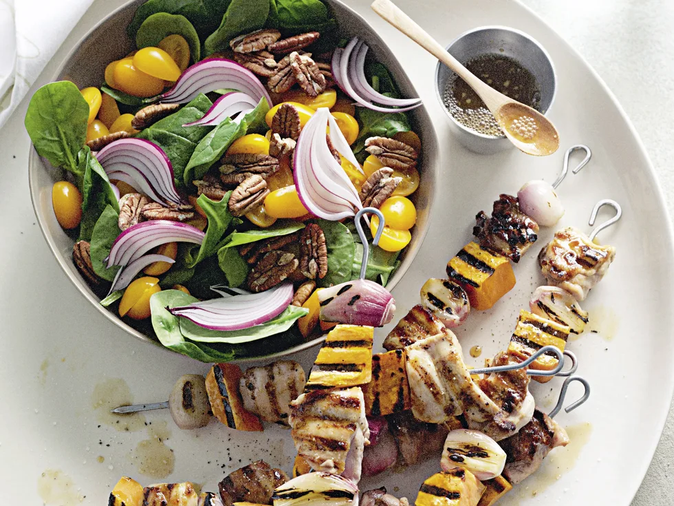 Maple-Glazed Chicken, Shallot and Kumara Skewers