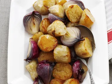 Maple-glazed sweet potato and red onions